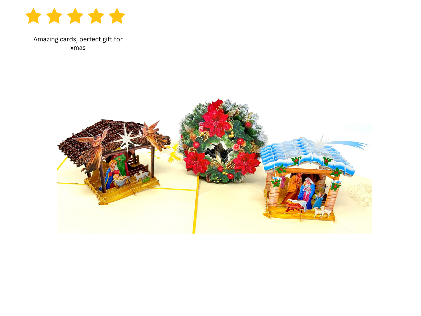 "Christmas Harmony: A Five-Star Card Collection Featuring Two Nativity Scenes and a Wreath – Celebrate the Season with Joy and Rave Reviews!"