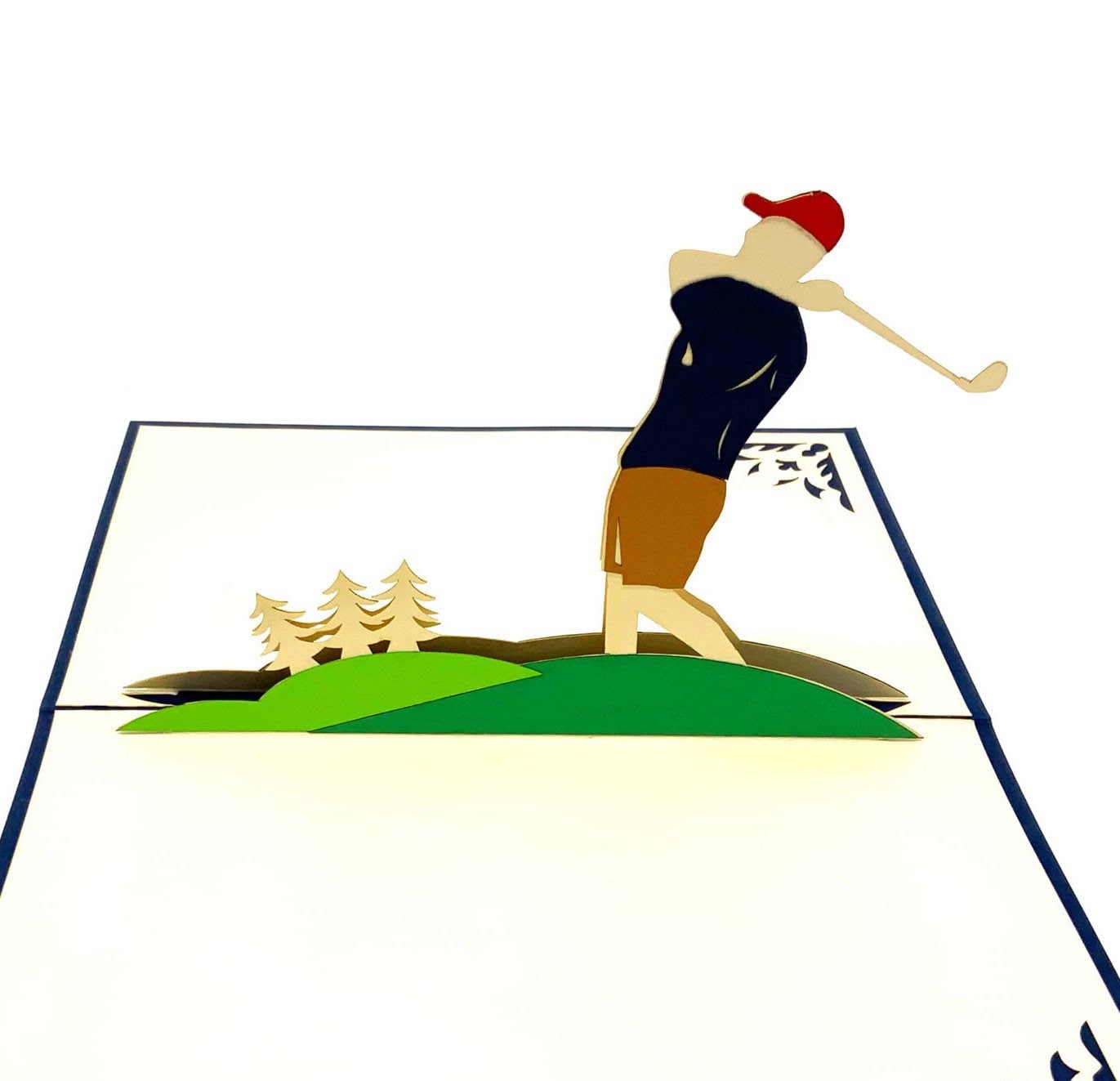 "Golf pop-up card: A three-dimensional card featuring a creative pop-up design with a golf-themed scene, capturing the essence of the sport."