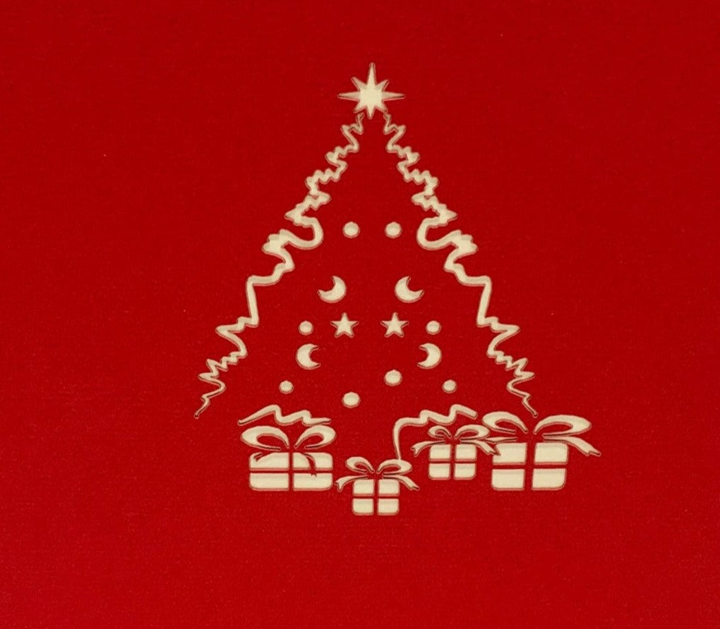 "Front cover of the 4-pack of mini Christmas tree pop-up cards: Each cover showcases an inviting and artistic design with an image that hints at the intricate mini Christmas tree pop-up inside,