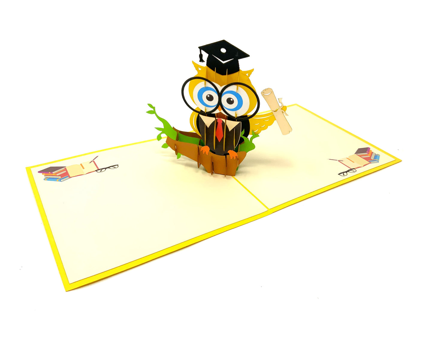 "Graduation owl pop-up card: A three-dimensional card featuring an owl in graduation attire, with celebratory details, suitable for congratulating graduates."