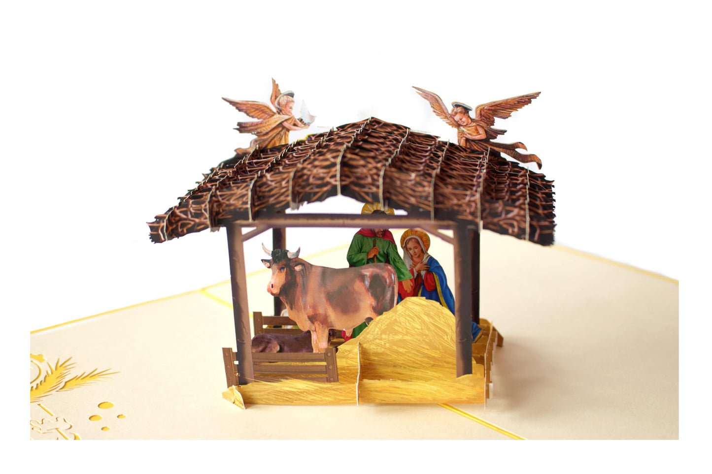 "Nativity scene pop-up card: A three-dimensional card with an intricately crafted pop-up of a nativity scene, perfect for celebrating the Christmas season and conveying the story of the birth of Jesus."