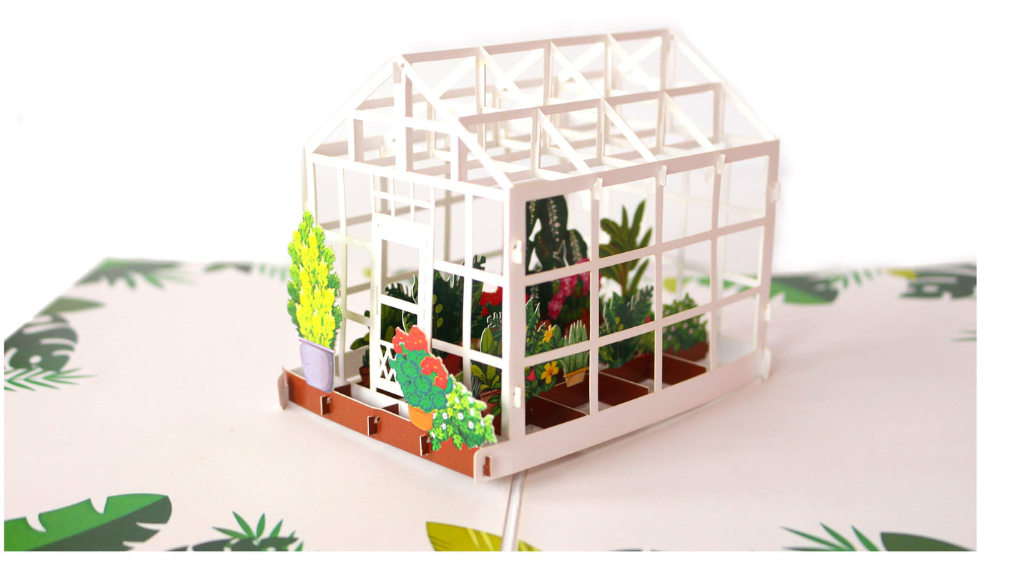 "Greenhouse pop-up card: A three-dimensional card with a charming greenhouse design, focusing on the greenhouse structure and interior, featuring intricate details and lush vegetation."