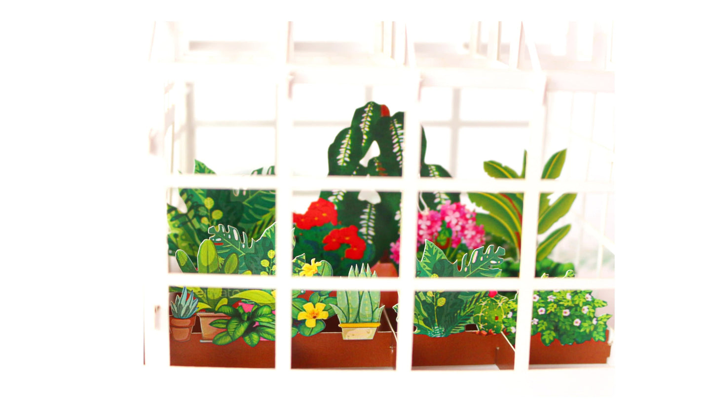 "Greenhouse pop-up card: A three-dimensional card with a charming greenhouse design, focusing on the greenhouse structure and interior, featuring intricate details and lush vegetation."