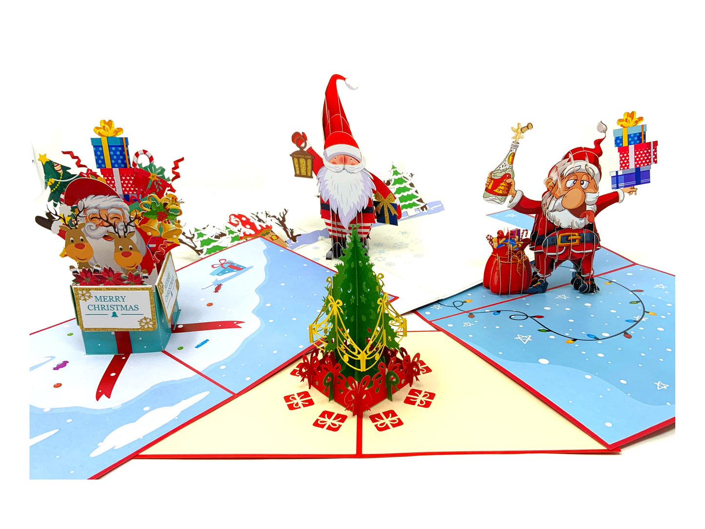 "A 4-pack of pop-up Christmas cards: A set of four creatively designed and festive pop-up cards, each featuring unique holiday-themed scenes and 3D elements for joyful greetings."
