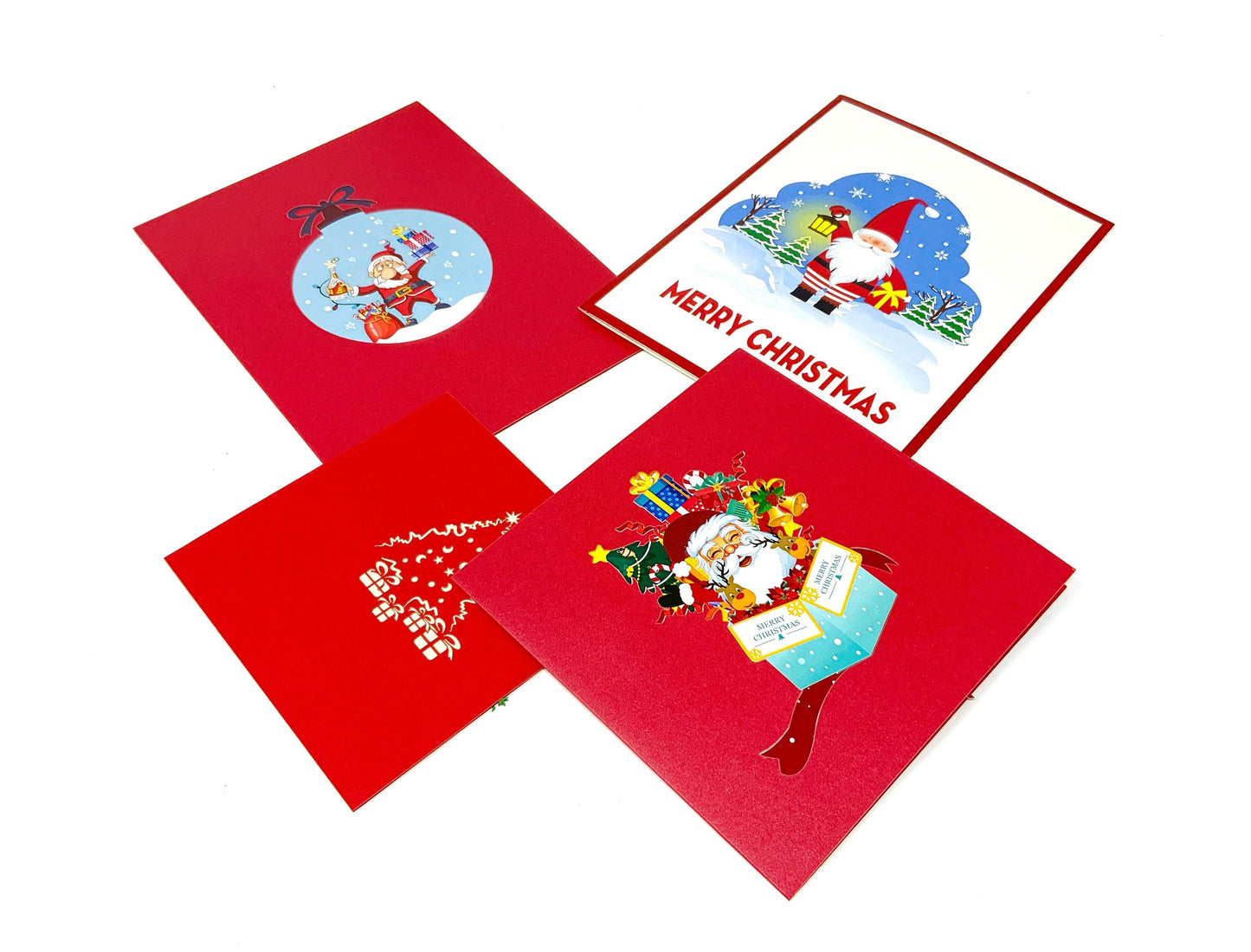 "Front cover of the 4-pack of pop-up Christmas cards: The cover showcases a variety of colorful and inviting holiday-themed illustrations, offering a preview of the festive surprises inside each card."