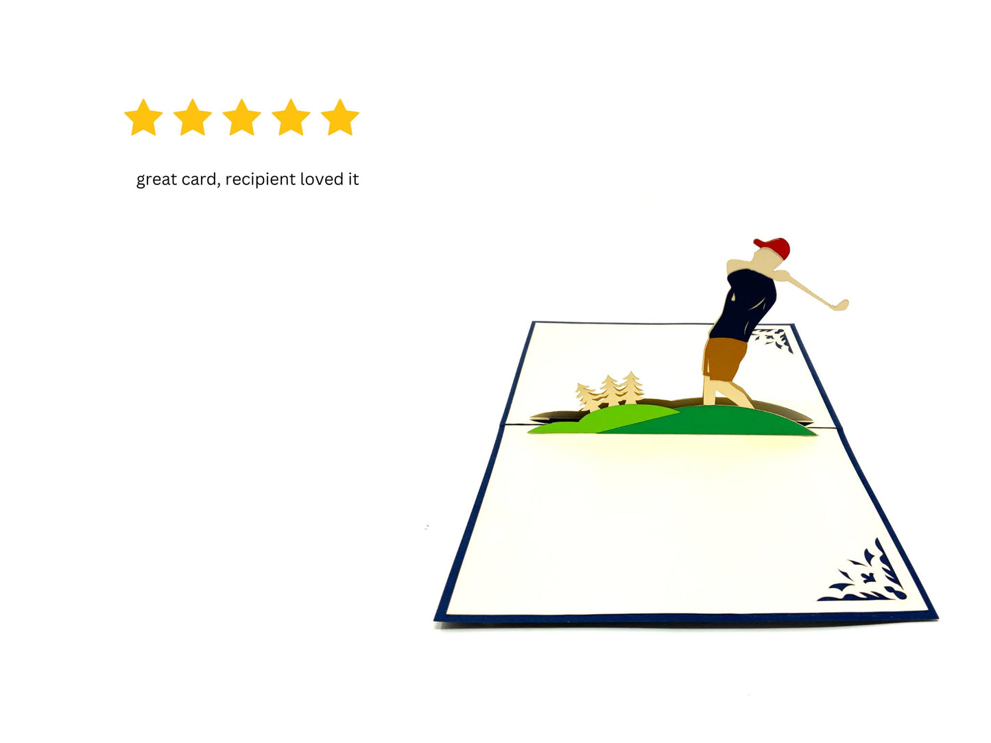 "Golf pop-up card with a 5-star review: A three-dimensional card featuring a golf-themed scene, alongside a 5-star rating indicating exceptional customer satisfaction."