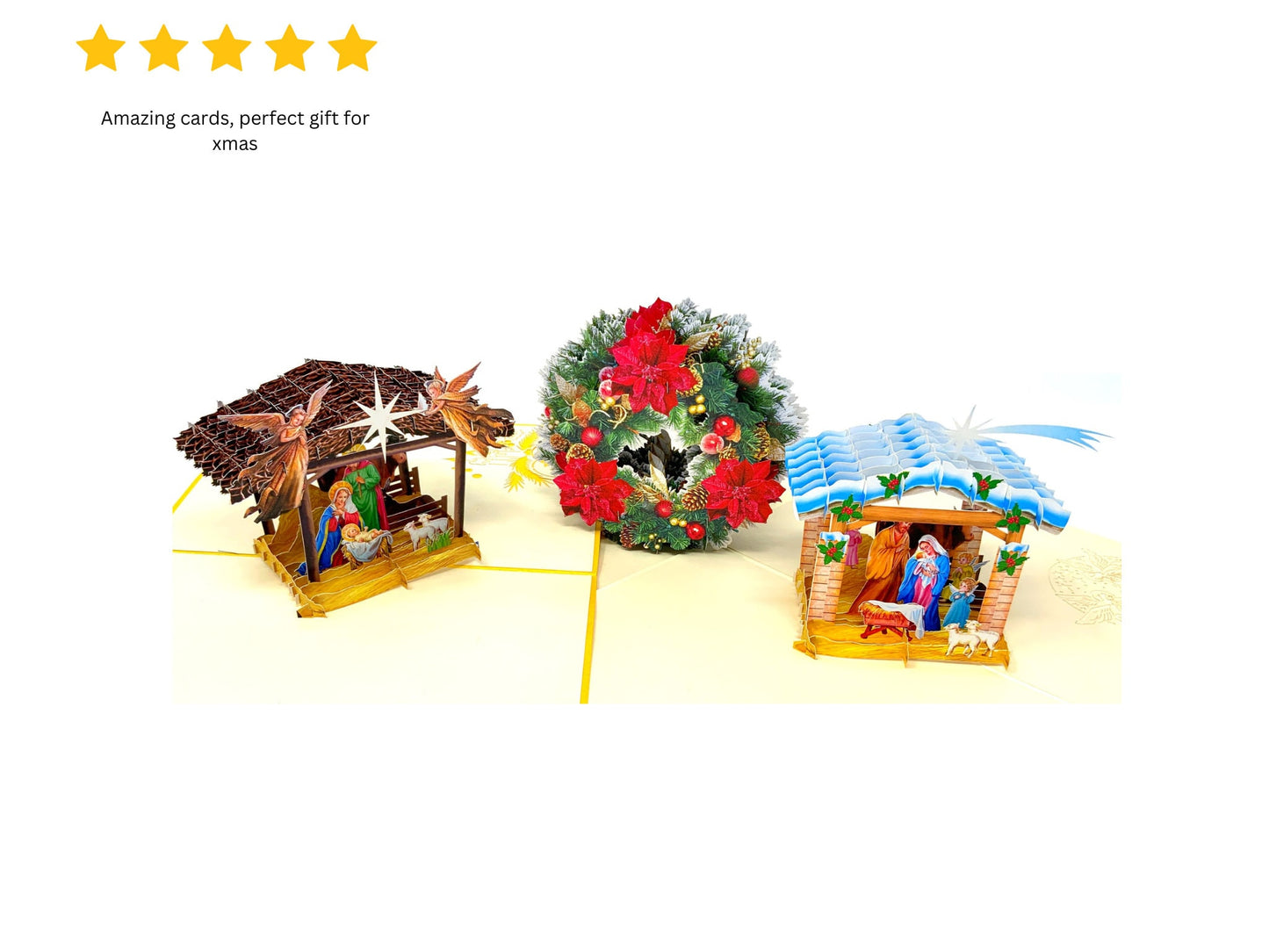 "Christmas Harmony: A Five-Star Card Collection Featuring Two Nativity Scenes and a Wreath – Celebrate the Season with Joy and Rave Reviews!"
