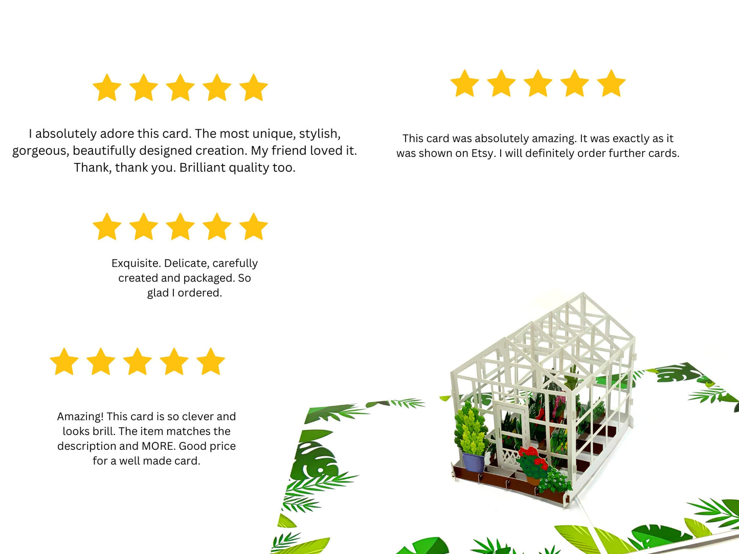 "Greenhouse pop-up card with a 5-star review: A three-dimensional card depicting a charming greenhouse scene with a 5-star rating, indicating high customer satisfaction."