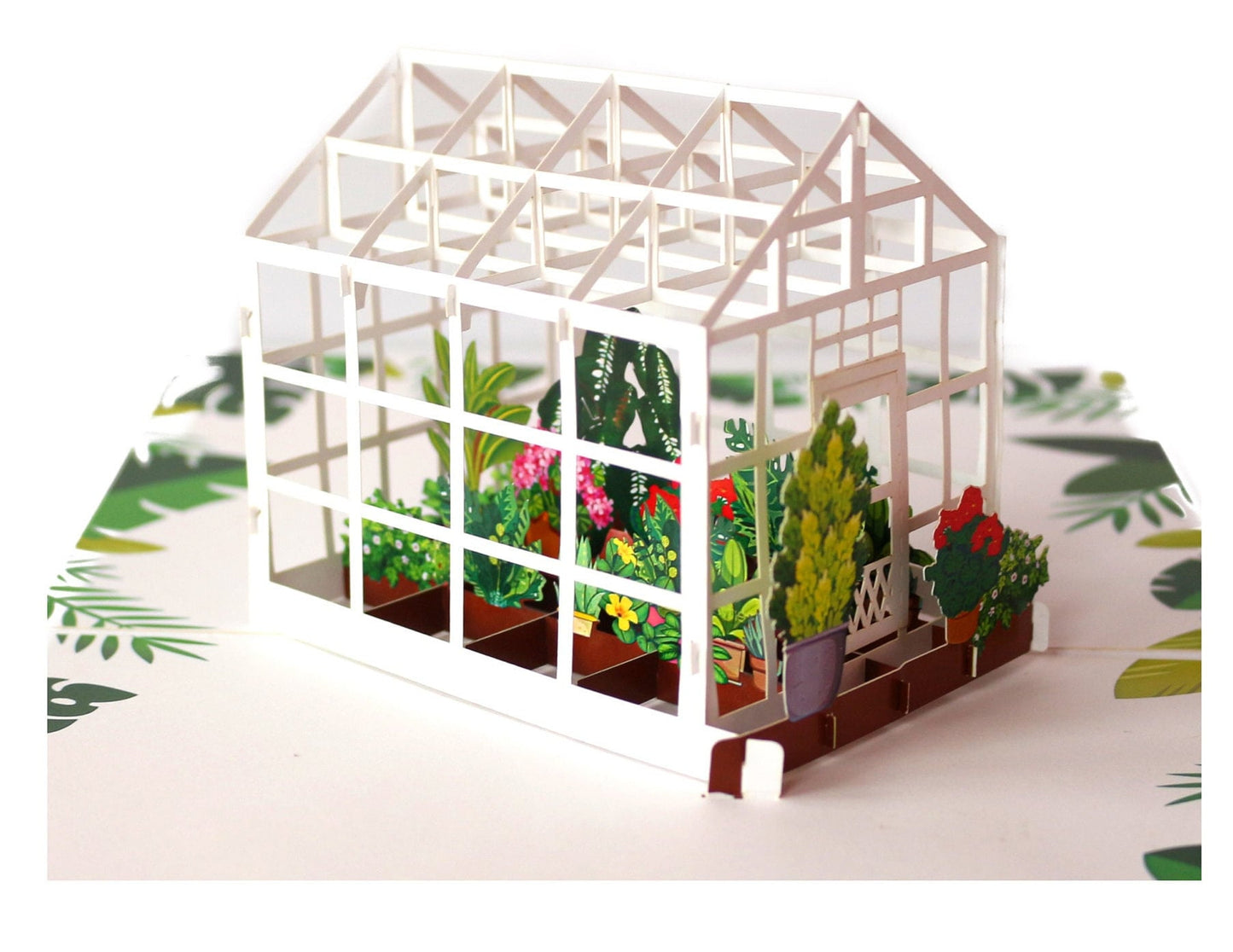 "Greenhouse pop-up card: A three-dimensional card with a charming greenhouse design, focusing on the greenhouse structure and interior, featuring intricate details and lush vegetation."