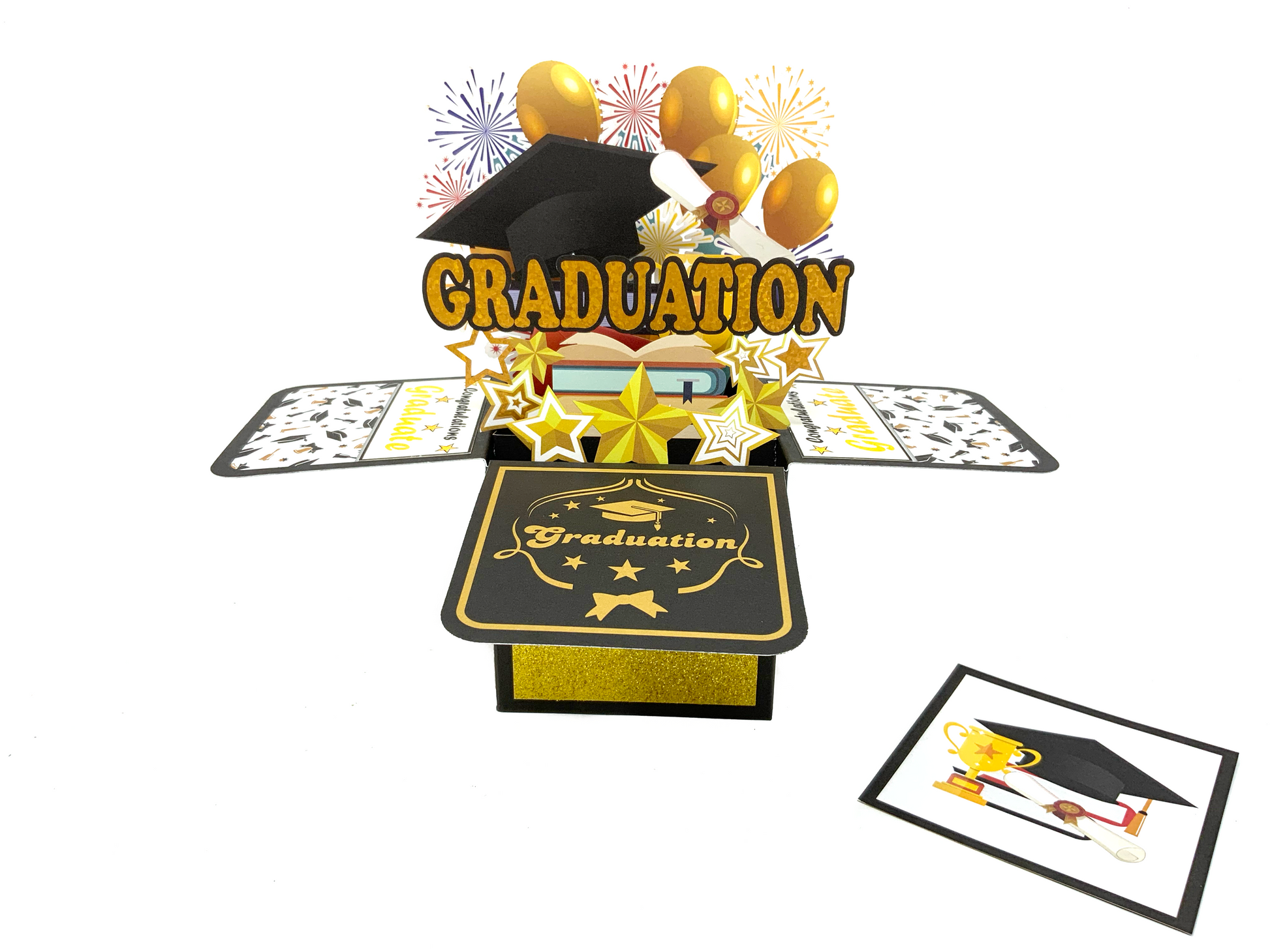 "Pop-up graduation box card: A three-dimensional card designed as a graduation cap and gift box, featuring intricate details and celebratory graduation-themed elements."