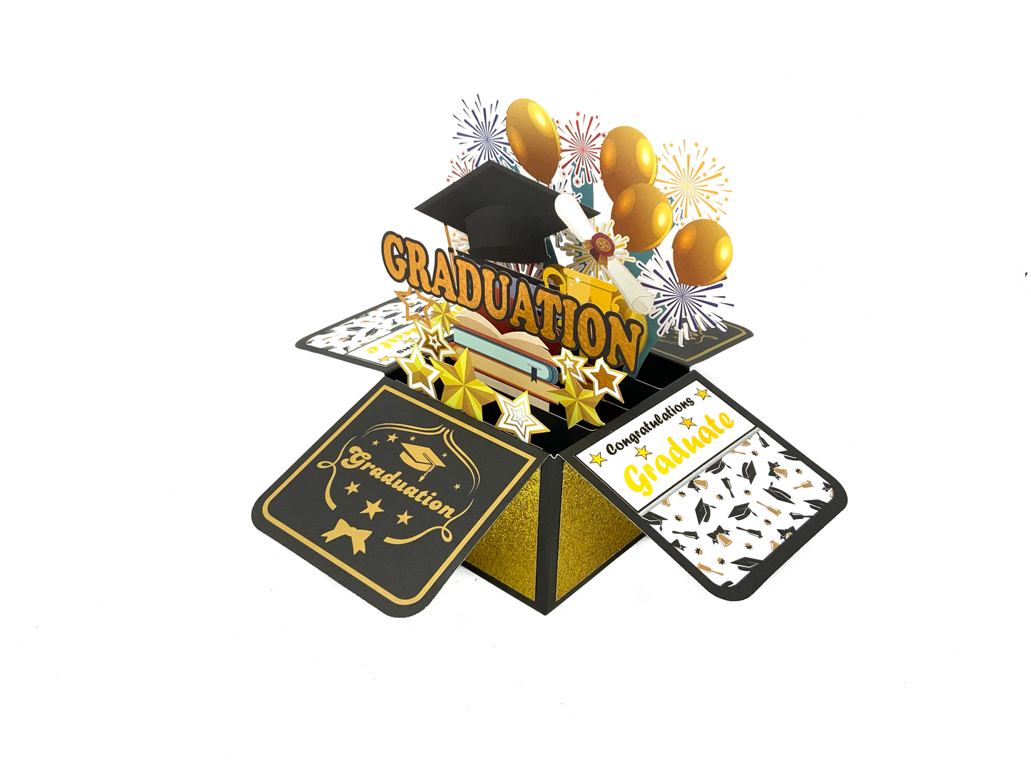 "Pop-up graduation box card: A three-dimensional card designed as a graduation cap and gift box, featuring intricate details and celebratory graduation-themed elements."