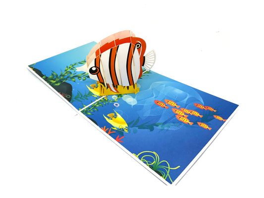&quot;A fish pop-up card: A three-dimensional paper card featuring a beautifully designed and colorful pop-up of a fish, showcasing intricate details and vibrant visuals.&quot;
