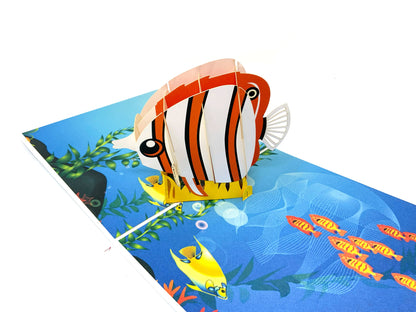 &quot;A fish pop-up card: A three-dimensional paper card featuring a beautifully designed and colorful pop-up of a fish, showcasing intricate details and vibrant visuals.&quot;