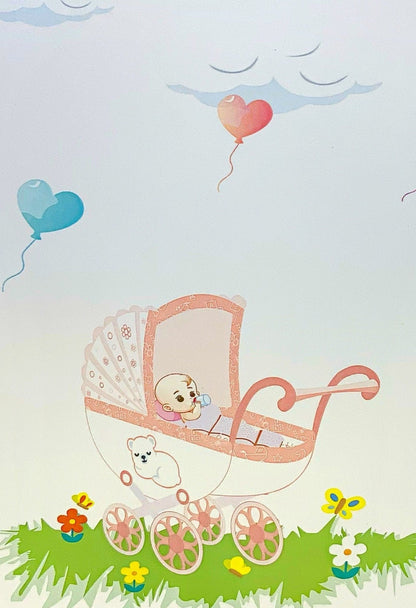 &quot;Front cover of the new baby girl pop-up card: The cover features an inviting and artistic design with an image that hints at the intricate pop-up scene celebrating the arrival of a new baby girl, perfect for congratulatory messages