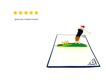 &quot;Golf pop-up card with a 5-star review: A three-dimensional card featuring a golf-themed scene, alongside a 5-star rating indicating exceptional customer satisfaction.&quot;