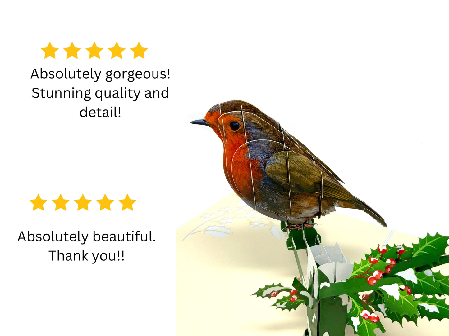 &quot;Pop-up robin card with 5-star reviews: A three-dimensional card featuring an intricately crafted pop-up scene with a charming robin, accompanied by multiple 5-star ratings indicating high customer satisfaction