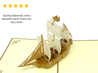 &quot;Ship-themed pop-up card with a positive review: A three-dimensional card featuring an intricately crafted pop-up scene with a majestic ship, accompanied by a glowing review, perfect for adding a nautical touch to various occasions.&quot;