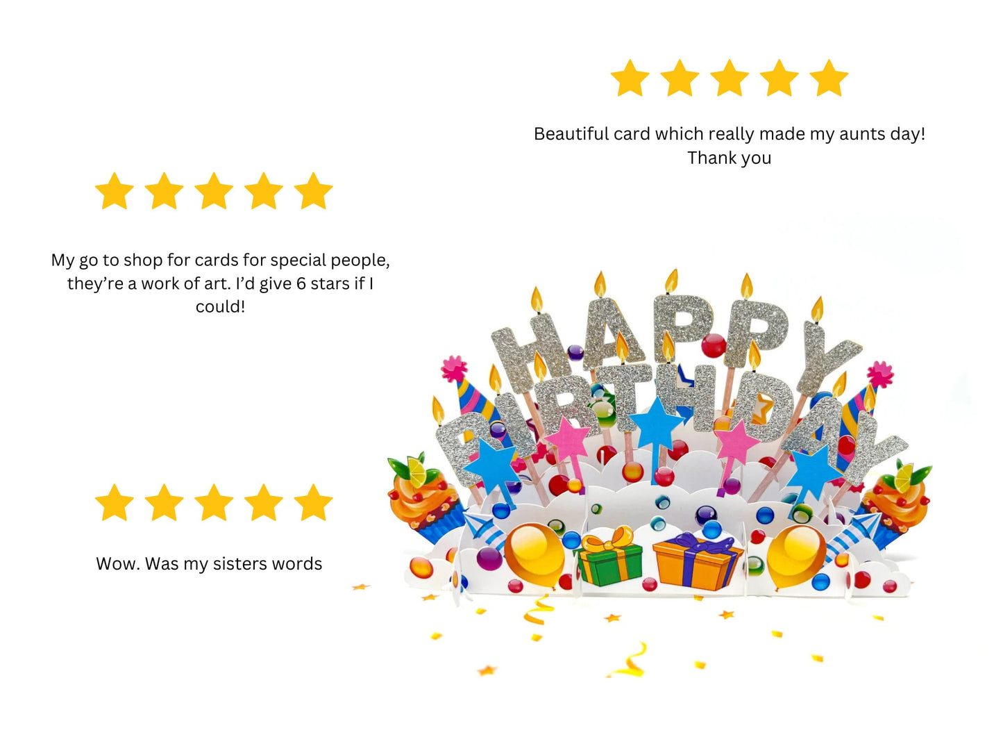 &quot;Close-up of a 3D pop-up greeting card with glittery &#39;Happy Birthday&#39; letters, exemplifying its elegant and celebratory design, complemented by a 5-star review.&quot;