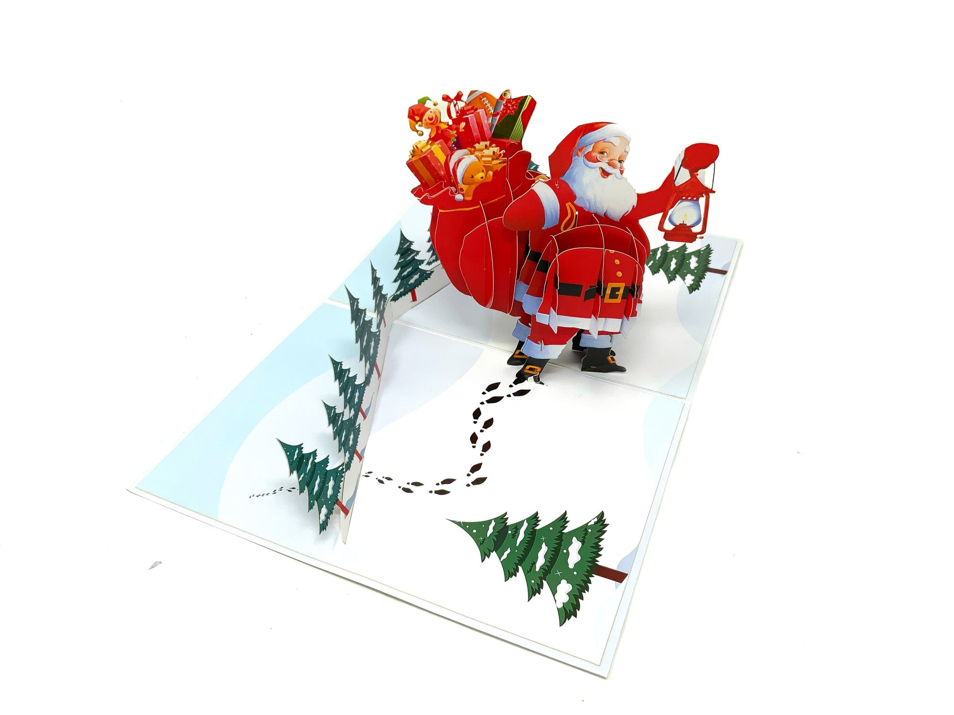 &quot;Santa with Sack pop-up card: A three-dimensional card with an intricately crafted pop-up scene featuring Santa Claus carrying a festive sack, perfect for adding holiday joy to various occasions.&quot;