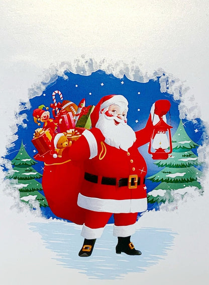 &quot;Front cover of the Santa with Sack pop-up card: The cover features an inviting and festive design with an image that hints at the intricately crafted pop-up scene featuring Santa Claus carrying a festive sack inside