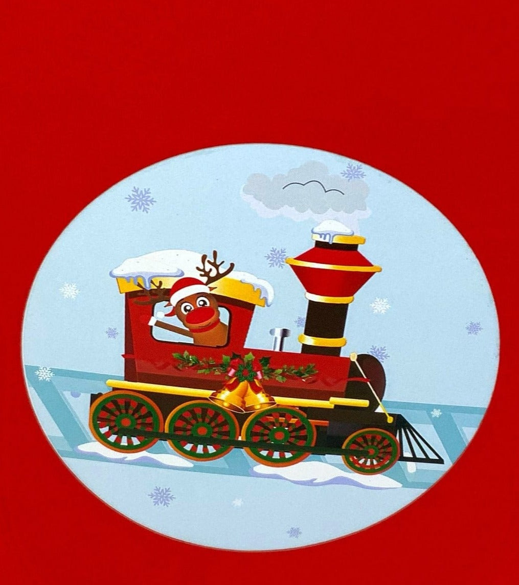 &quot;Front cover of the 3D pop-up card featuring a charming train design, setting the stage for a nostalgic and travel-themed experience inside with a cute reindeer riding the train