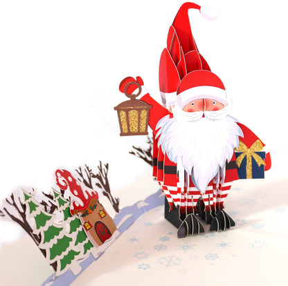 &quot;Santa with Lantern pop-up card: A three-dimensional card with an intricately crafted pop-up scene featuring Santa Claus holding a festive lantern, perfect for adding a warm and magical touch to various occasions.&quot;