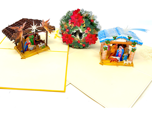 "Holy Triptych: A Festive Card Collection with Two Nativity Scenes and a Wreath, Unveiling the Spirit of Christmas in Every Fold."